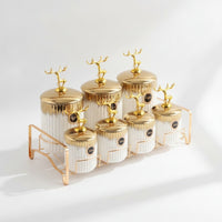 7 Pieces container Set with Rack Ceramic Storage Jars with Lids Countertop Kitchen container Set for Household Organizers