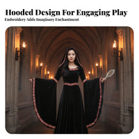 Medieval Witch Costume Retro Royal Design Hooded Dark Noble Gown Flared Sleeves