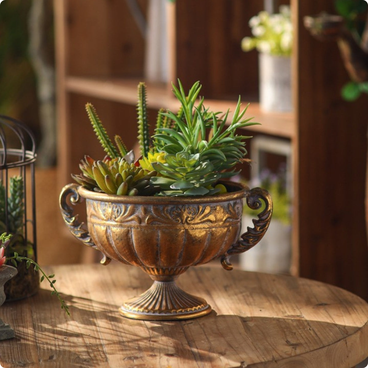 Vintage Goblet Vase Handcrafted Look Pedestal Vase Sturdy Iron Metal Urn Planter for Tabletop