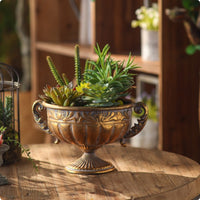 Vintage Goblet Vase Handcrafted Look Pedestal Vase Sturdy Iron Metal Urn Planter for Tabletop