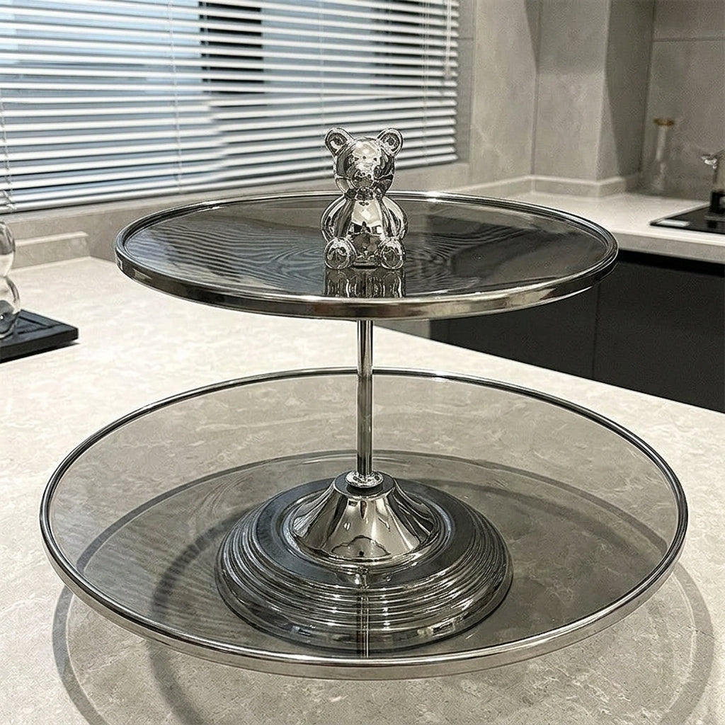 Glass Serving Stand, Tiered Stand for Dessert, Smoky Grey Serving Platter Stand, Luxury Bear Decorative Table Centerpiece