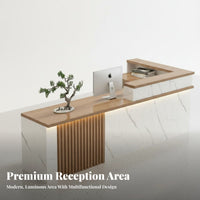L-Shaped Front Counter High-Gloss Varnished Finish Commercial Cashier Desk Sturdy Construction L-Shaped Reception Desk for Receptionists, Lobby