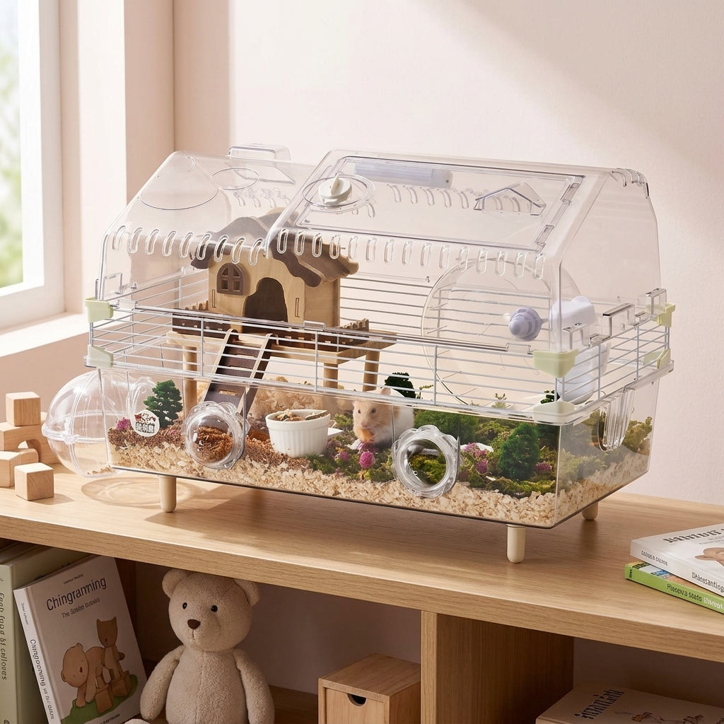 Large Hamster Cage and Villa with External Tubes, 2-Level Habitat for Syrian or Dwarf Hamsters, Rectangular Indoor Viewing Cage Case