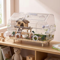 Large Hamster Cage and Villa with External Tubes, 2-Level Habitat for Syrian or Dwarf Hamsters, Rectangular Indoor Viewing Cage Case