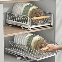Carbon Steel Pull Out Dish Rack and Bowl Rack, Rectangular Double Layer Bowl and Plate Rack, Modern Minimalist Kitchen Drawer Organizer Shelf
