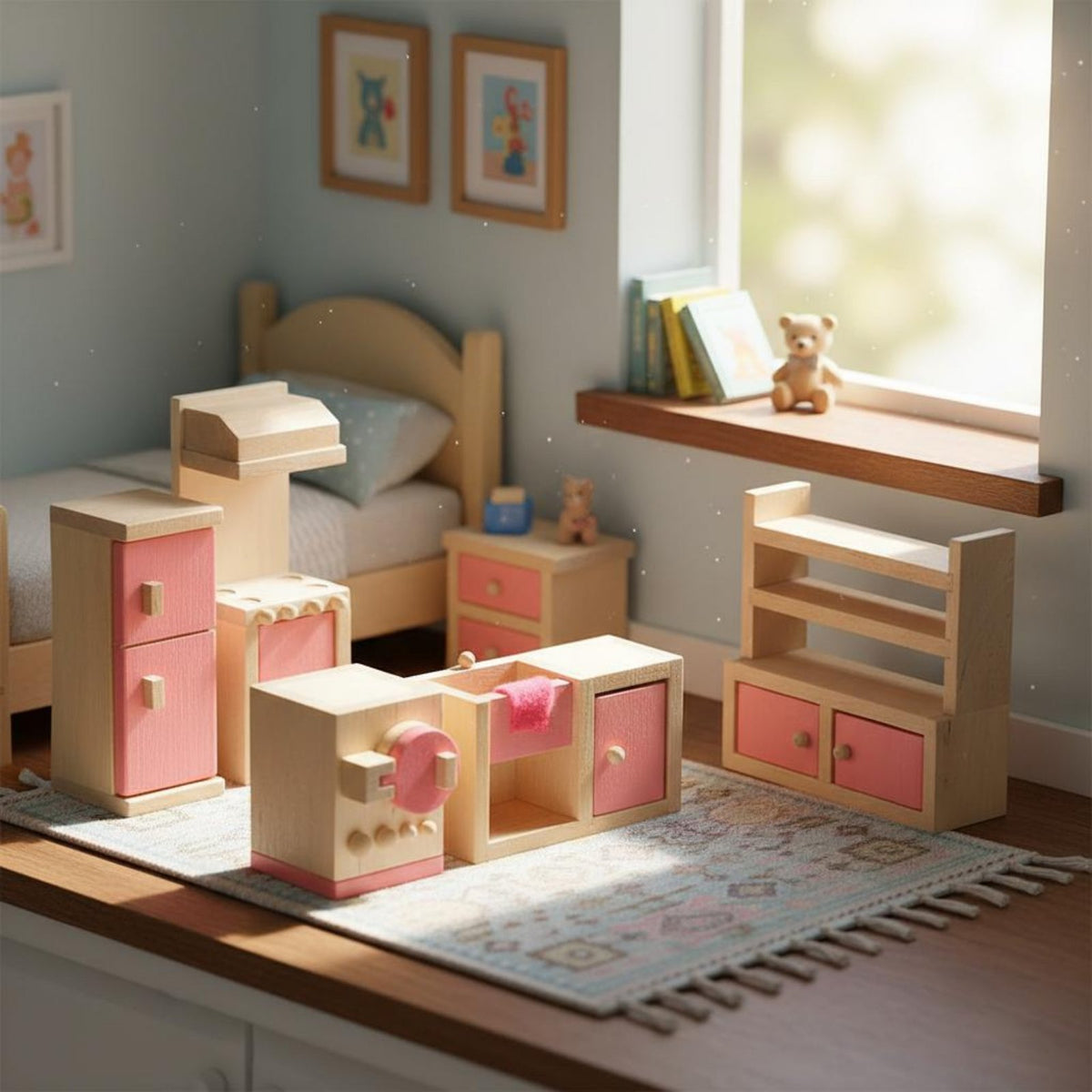 Wooden Dollhouse Furniture Set Realistic Design Wooden Toy Furniture Miniature Room Set Educational Dollhouse Room Accessories