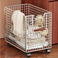 Rolling Wire Basket Trolley Push Handle Metal Utility Trolley Wood-Tone Grip