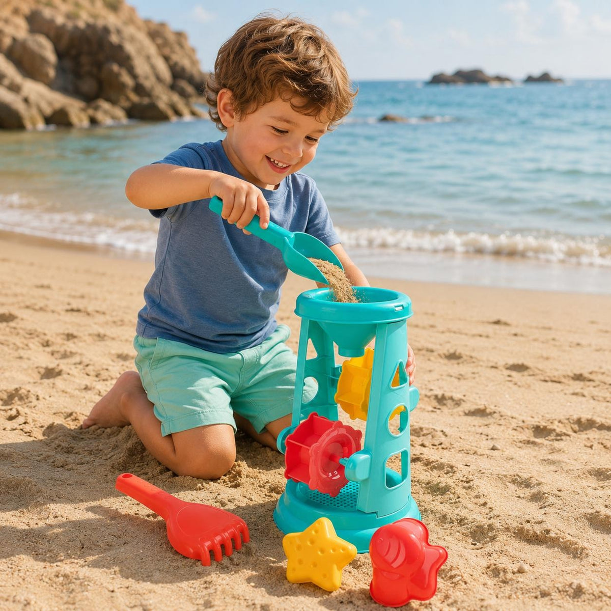 5 Pieces Turquoise Sand Hourglass Structure Polished Molded Beach Toy Set Uncovered Side Frame Sand Shovel Bright Colors for Sandbox