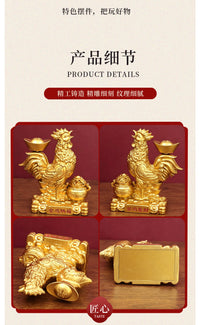 Golden Rooster Wealth Figurine with Gold Ingot, Desk Decor