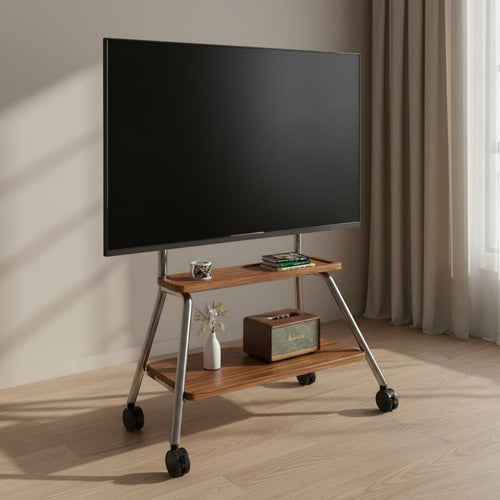 Rolling TV Mount Cart Universal Fit Mobile TV Stand Full-rotation Wheels Casters Portable Television Trolley with Stainless Steel and Wood-grain Shelves for Suitable for Conference Room Small Areas Home Decoration Office Use