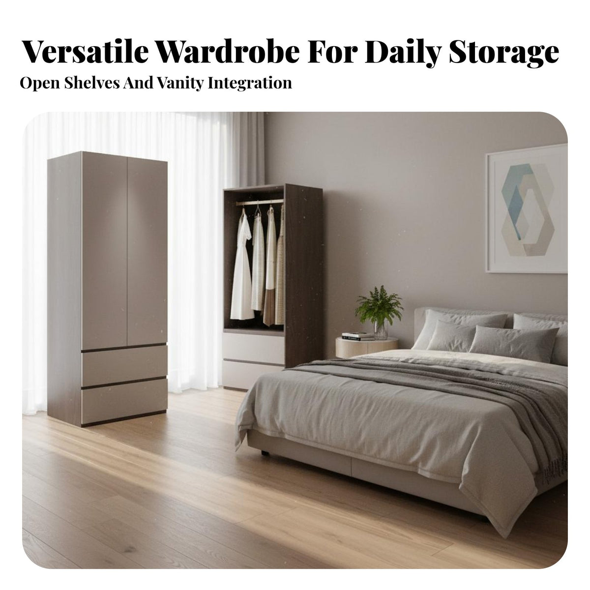 Wooden Wardrobe Closet Large Capacity Storage Wardrobe with Hanging Rod Construction Contemporary Bedroom Armoire for Renters, Dressing Room, Office