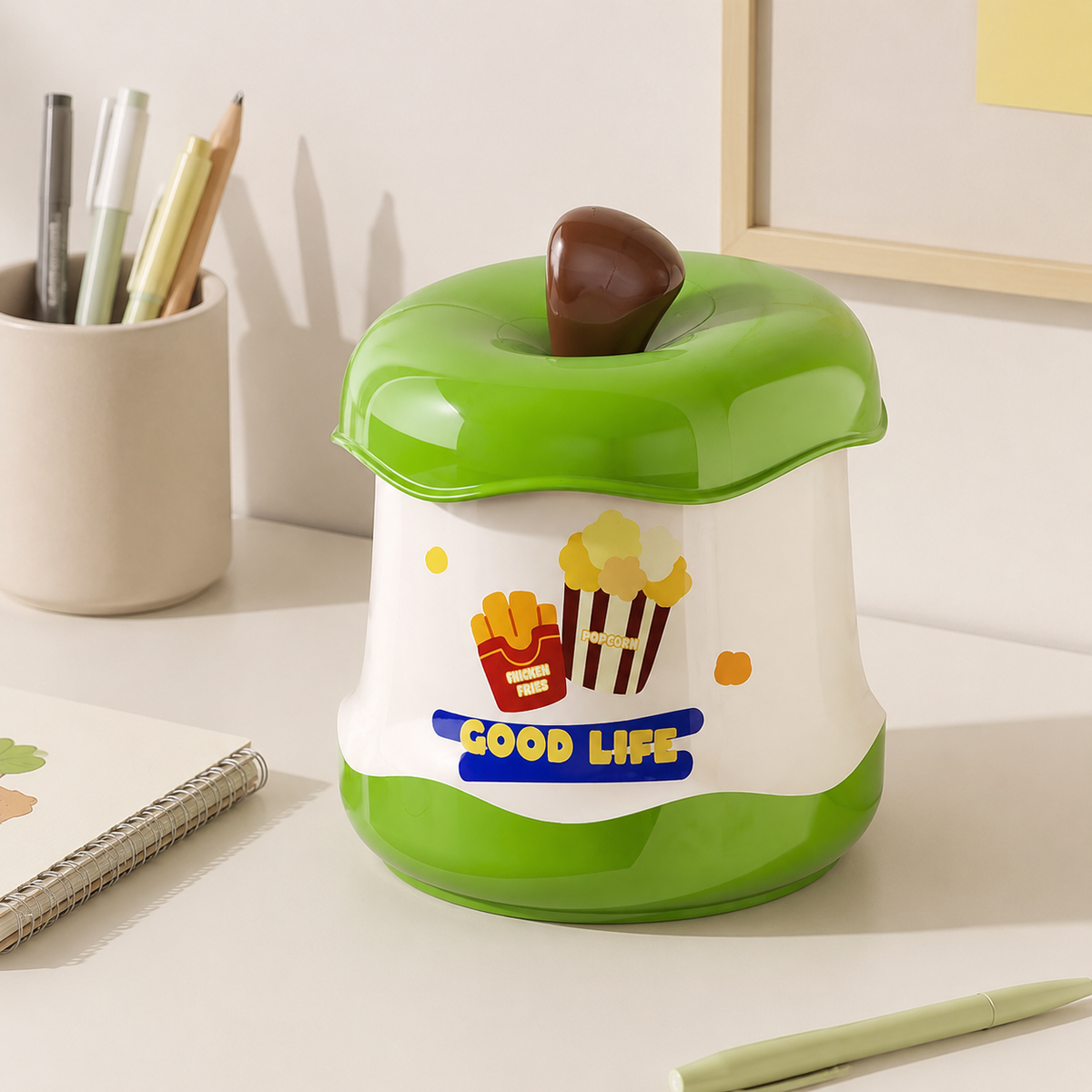 Desk Trash Bin, Mini, Sanitary Box, Food Waste, Trash Bin, With Lid, One-touch Open/Close, Office, For Desk, PP, Green White, 210g