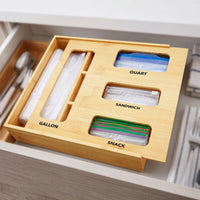 Wall-Mountable Food Storage Bag Organizer Labeled Bamboo Bag Storage Organizer Slim Eco-Friendly for Kitchen Drawer, Pantry, Cabinet