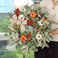 Farmhouse Outdoor Thanksgiving Wreath with Pumpkins, Acorns, and Bow