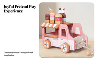 Wooden Dessert Cart Pink and White Dessert Cart Toy Striped Awning for Role-Play, Display