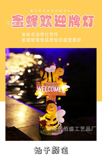 跨境可爱小蜜蜂欢迎牌灯树脂摆件户外花园庭院阳台场景布置装饰品