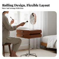 Wheeled Cosmetic Station with Adjustable Mirror Mobile Design Vanity Table Retro Aesthetic Built-in Storage for Adults, Teens