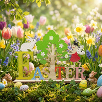 Easter Stand, Rainbow Desk Organizer Wood Wooden Pencil Holder Cute Design Wooden Spring Easter Sign Stand Table Decorations for Kids, Students, Bedroom, Classroom, Office