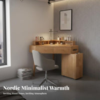 Minimalist and design Corner Vanity with Drawers Space-Saving Corner Vanity with Lighted Mirror Large Storage Capacity Dressing Table Matching Stool Included for Apartment Dwellers, Homeowners, Teenagers, Small Rooms