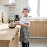3 Pieces Includes Hat and Apron Kids Chef Costume Double Breasted Jacket Children's Cook Uniform Gingham Trim Kids Baker Costume for Toddlers, School Plays