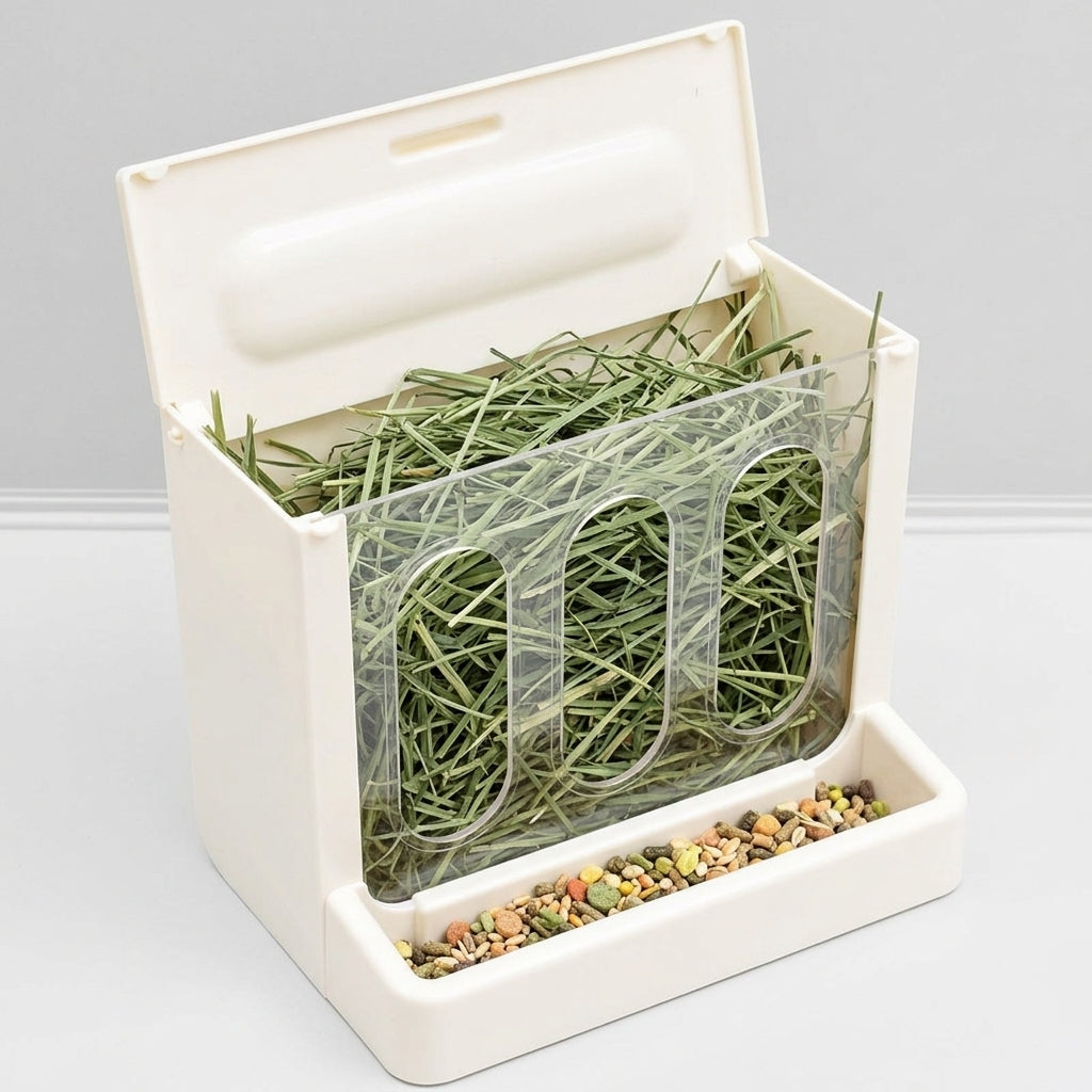 Bunny Hay Feeder with Lid and 2 in 1 Food Hay Feeder, Cage-Mounted Hay Rack for Chinchillas, Anti-Scatter Design with Removable Food Trough