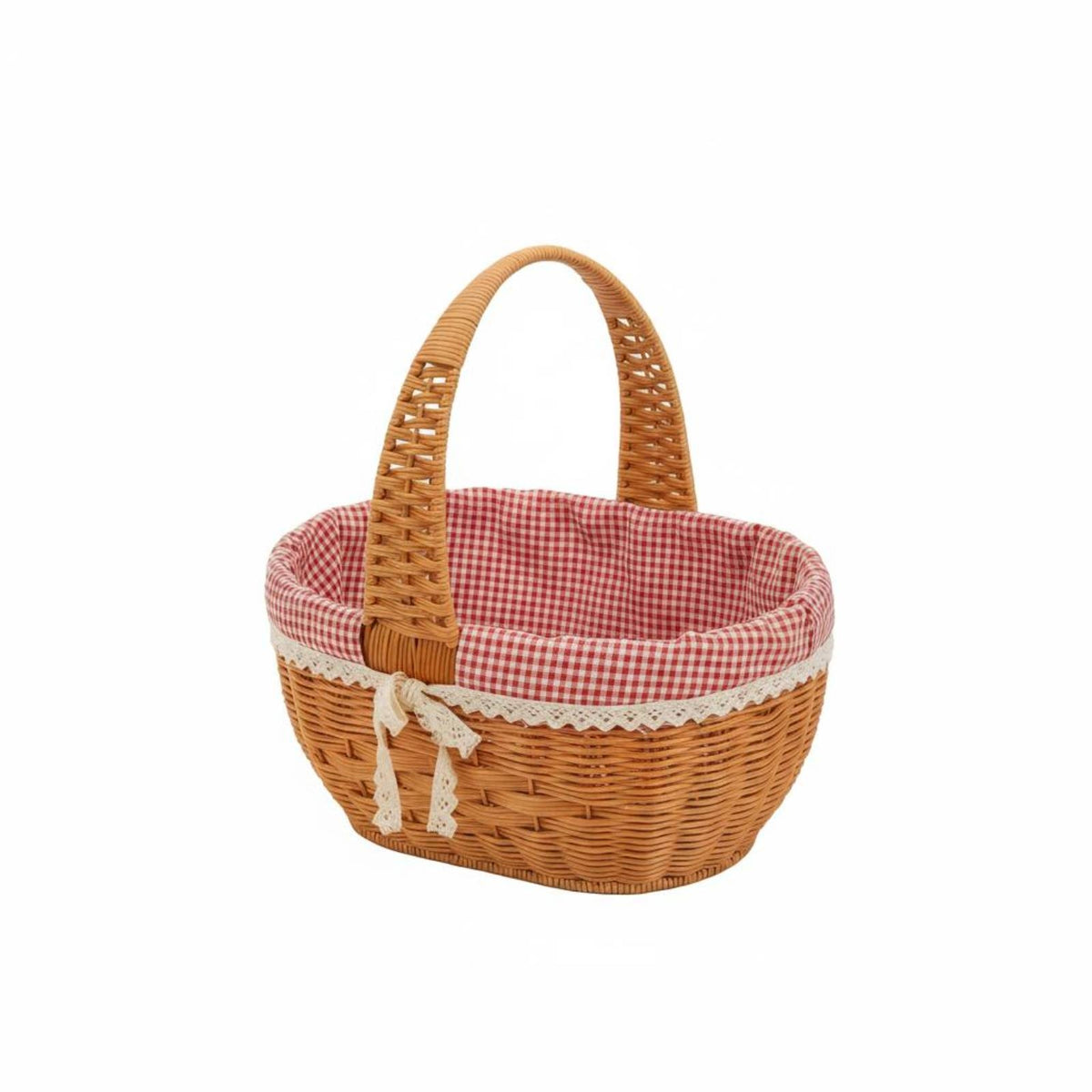 Arched Handle Picnic Basket Handwoven Lined Hand Basket Gingham Lining Container Lace Trim for Shopping