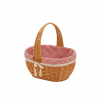 Arched Handle Picnic Basket Handwoven Lined Hand Basket Gingham Lining Container Lace Trim for Shopping