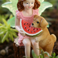 Fairy Eating Watermelon Ornament Whimsical Design Mystical Maiden and Canine Statue Glow in the Dark for Gardeners