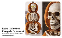 Spooky Skeleton Pumpkin Statue | Distressed Vintage Look, Halloween Tabletop Ornament with Light-up Eyes, Compact Freestanding Design, for Entryway