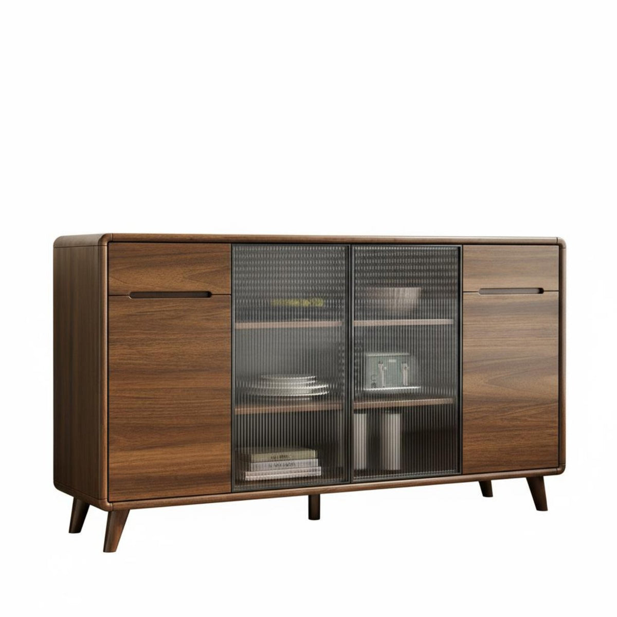 1 Piece Dining Room Buffet Cabinet Wooden Sideboard Storage Cupboard Fluted Glass Door Solid Wood Frame Versatile Console Suitable for Adults Entryway Hallway Home Office