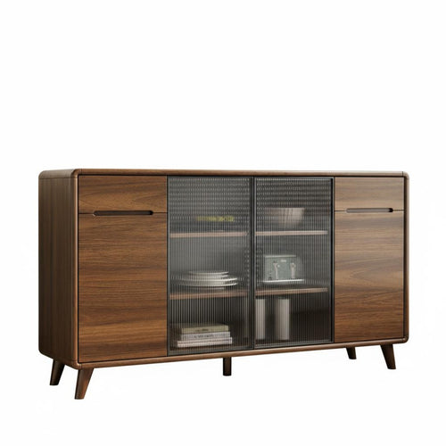 1 Piece Dining Room Buffet Cabinet Wooden Sideboard Storage Cupboard Fluted Glass Door Solid Wood Frame Versatile Console Suitable for Adults Entryway Hallway Home Office