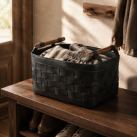 Bra Storage Basket Decorative Organizer Leather Storage Basket Wooden Handles for Dressing Room, Closet