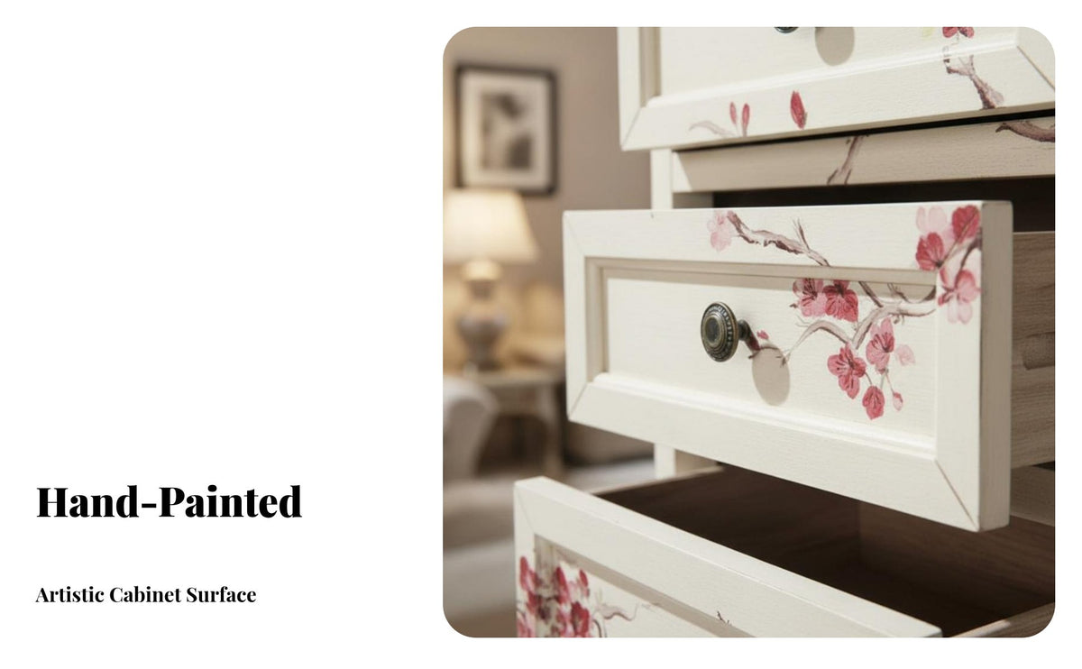 Artistic Design Hand-Painted Floral chest of drawers Distressed Finish Multi-Drawer Accent Chest Vintage Inspired Storage Furniture Sturdy and Stable for Art Lovers, Interior Decorators, Living Room, Bedroom, Entryway, Hallway