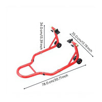 Steel stand lifts motorcycle wheels.