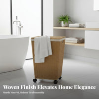 Wheeled Laundry Cart with Lid Faux Rattan Design Rolling Laundry Cart for Adults