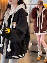 羊羔毛连帽卫衣外套女2025秋冬新款青少年学生加绒加厚棒球服棉衣