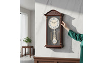 Chinese-Style Vintage Pendulum Clock Arched Crown Wood Wall Clock Stepped Base Home Decor Gold-Toned Detailing