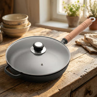 Frying Pan with Glass Lid and Wooden Handle, Heavy Duty Cast Iron Skillet for Steak, Nonstick Pancake Pan and Egg Pan, Flat Bottom Iron Pan