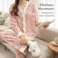 Pyjamas for Women Three Piece Nightwear Set with Long Sleeve Collared Design, Thickened Polyester Pajama for Autumn Winter Home Lounging