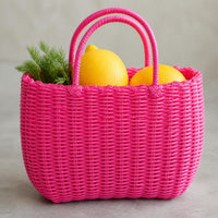 Hand-Woven Plastic Storage Basket with Handle for Shopping, Bath, or Pet Use