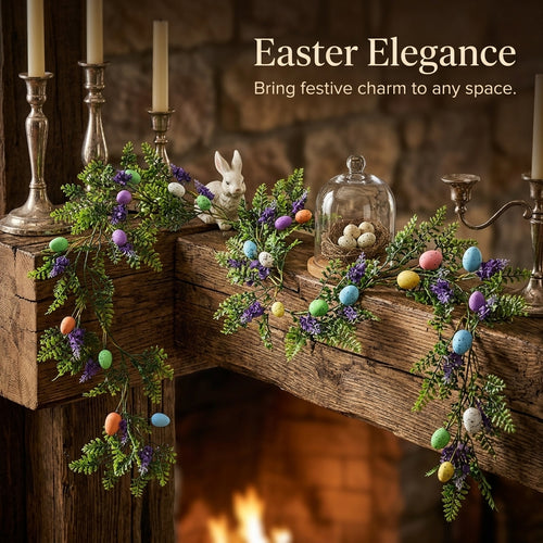 Easter Egg Garland with Green Leaves, Artificial Silk Flower Garland for Indoor Display, Decorative  - Image 2