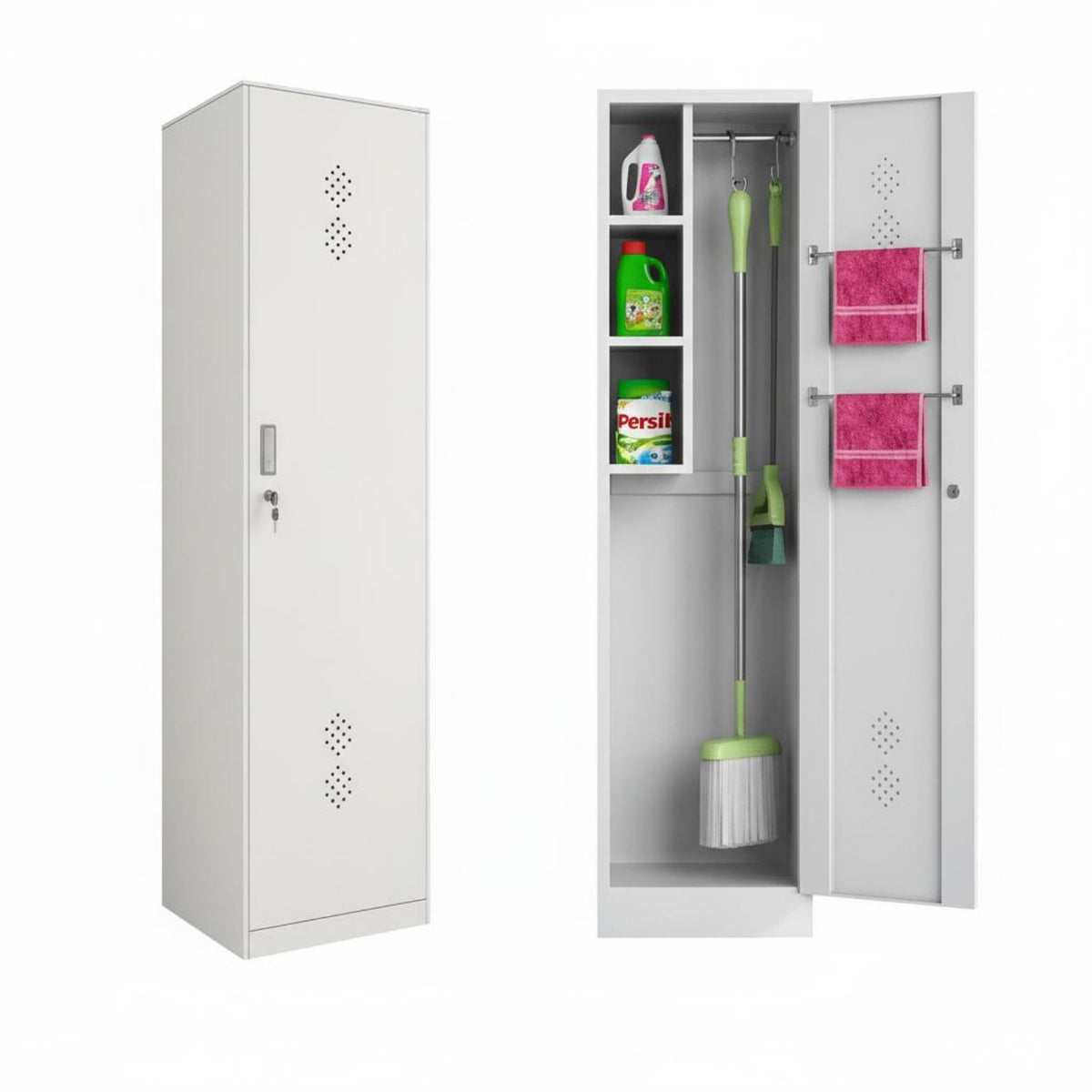 Mop and Broom Storage Cabinet Stainless Steel Cleaning Cabinet Organizer with Adjustable Shelves and Ventilation Slots Suitable for Laundry Room School Balcony