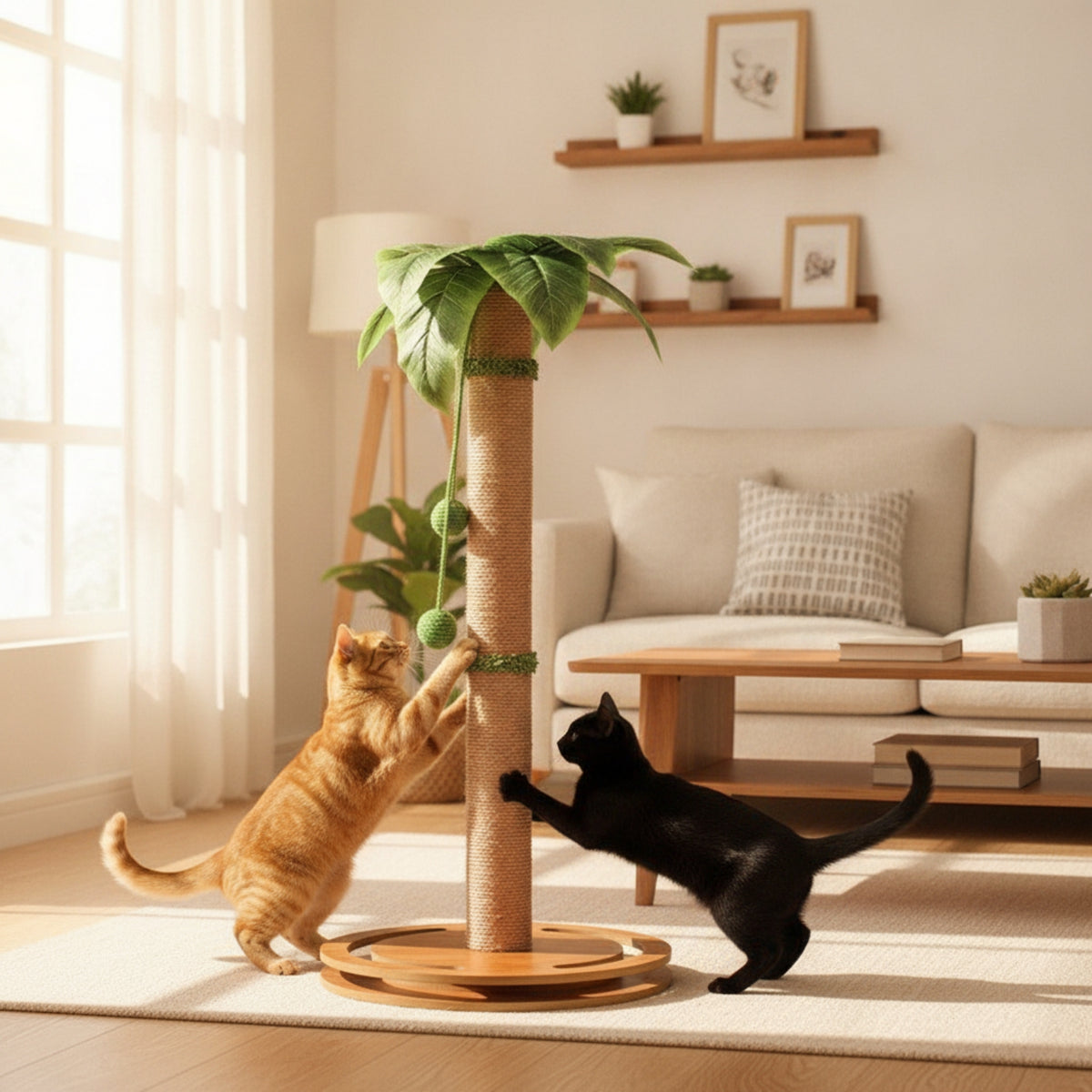 Rope-Wrapped Scratching Post with Dangling Balls Vertical Scratching Column with Leaf Natural Cat Tree with Toys Stable for Apartment