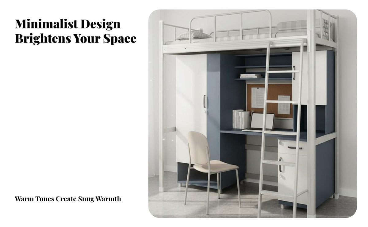 Desk Loft Bed Space Saving Student Dormitory Bed High Guardrail Bedroom Furniture for College Students, Teenagers, Dorm Room, Apartment, Small Areas