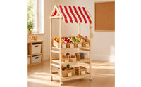 Striped Awning Children's Book and Toy Organizer Natural Wood House-Style Shelf Freestanding Children's Toy Rack Accessible Design