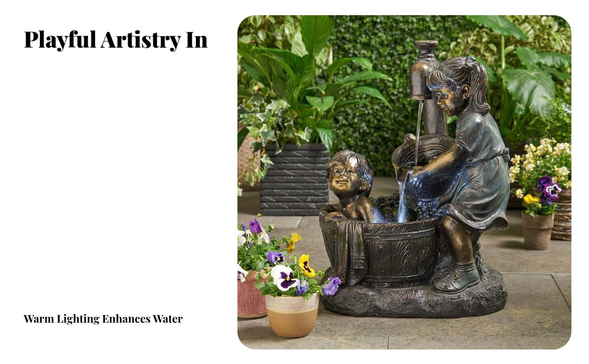 Boy and Girl Garden Statue Whimsical Design Children Garden Sculpture Hand-Painted Details Boy and Girl Water Feature Statue for Grandparents, Patio
