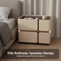 Illuminated Bedside Cabinet Nightstand with Battery-operated Charging Two Drawers Microfiber Leather Glass Surface Adjustable Lighting Suitable for Residents Students Guest Room Hotel