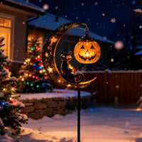 Solar Black Cat & Pumpkin Moon Stake Light