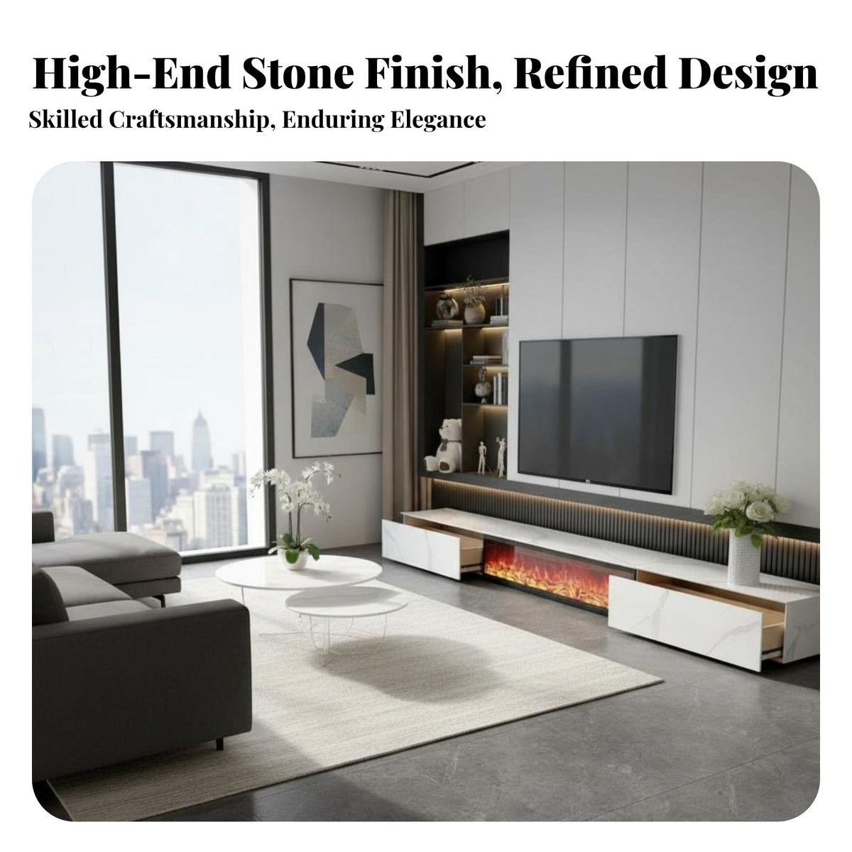Fireplace TV Stand Realistic Effect Fireplace media devices Center Modern Design Living Room Furniture for Homeowners, Families, Bedroom, Home