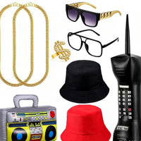 Hip Hop Gold Necklace Bracelet Black Bucket Hat Sunglasses Dollar Ring Party Costume Set